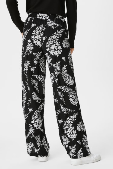 Femmes - Pantalon de toile - jambes larges - motif floral - noir