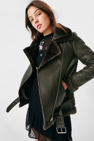 Women - CLOCKHOUSE - biker jacket with faux fur trim - lined - dark green