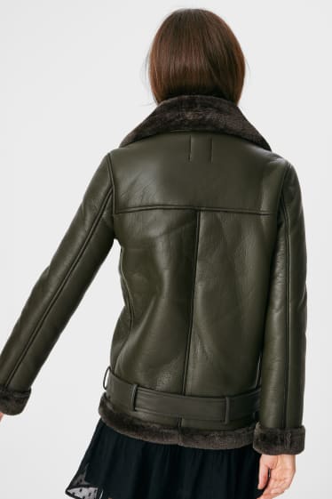 Women - CLOCKHOUSE - biker jacket with faux fur trim - lined - dark green