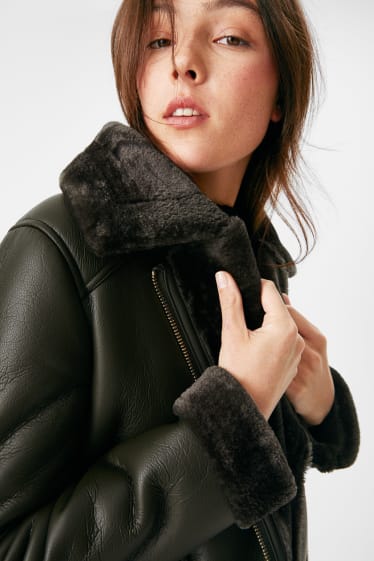 Women - CLOCKHOUSE - biker jacket with faux fur trim - lined - dark green