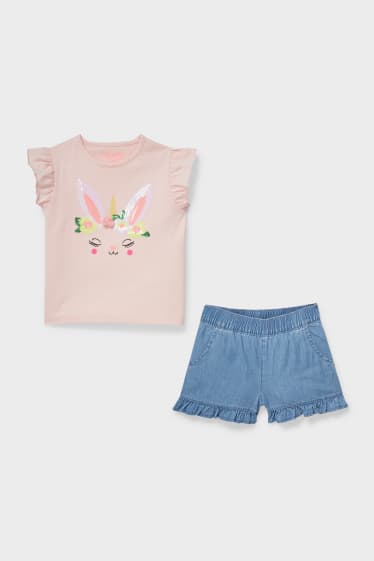 Dětské - Souprava - triko s krátkým rukávem a džínové šortky - růžová