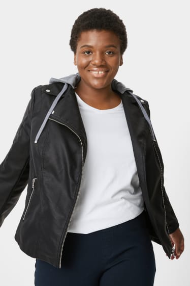 Women - Biker jacket with hood - 2-in-1 look - faux leather - black