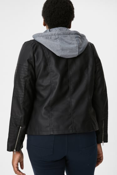 Women - Biker jacket with hood - 2-in-1 look - faux leather - black