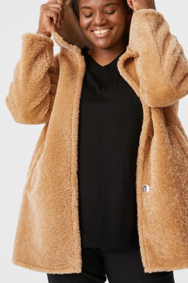 Women - Faux fur coat with hood - brown