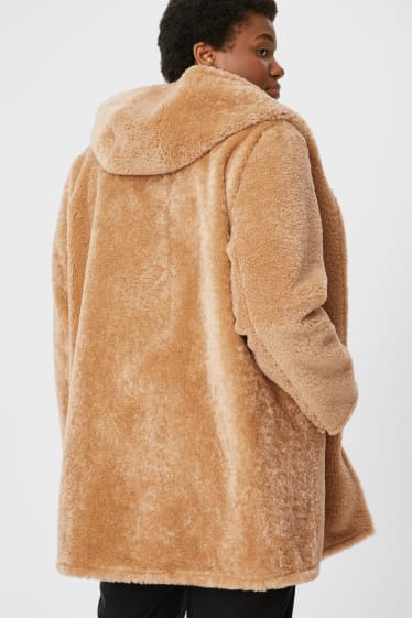 Women - Faux fur coat with hood - brown
