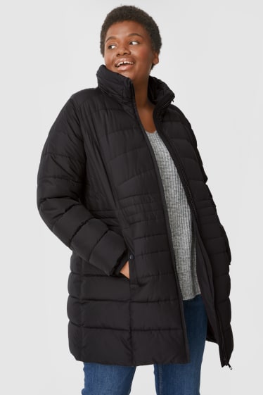 Women - Quilted coat with hood - recycled - black