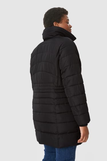 Women - Quilted coat with hood - recycled - black