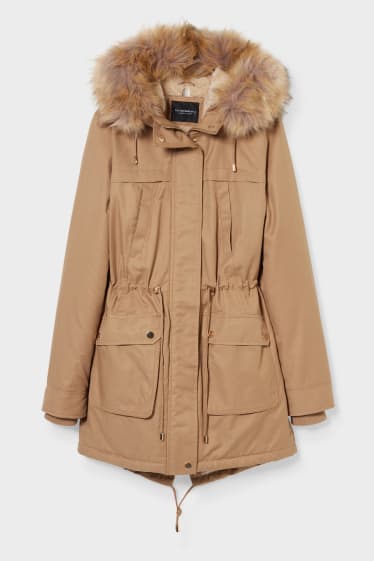 Women - Parka with hood and faux fur trim - lined - havanna