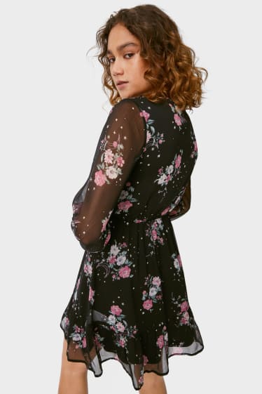Kobiety - CLOCKHOUSE - sukienka z szyfonu - w kwiatki - czarny