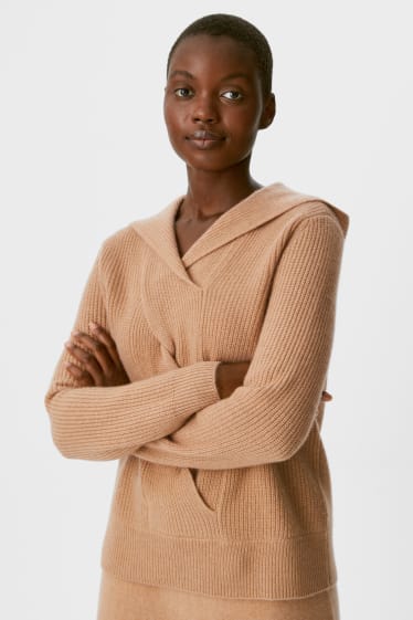 Women - Hooded cashmere jumper - havanna