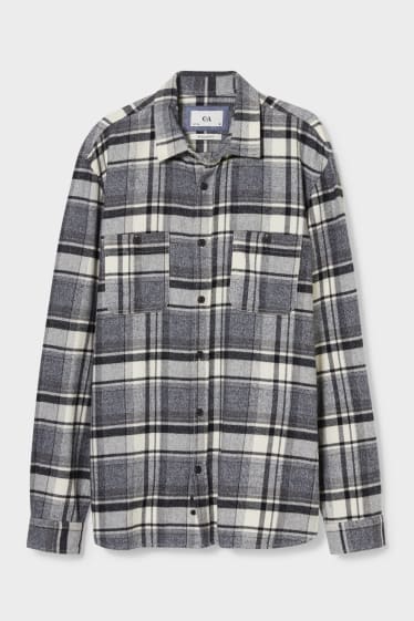 Men - Flannel shirt - regular fit - kent collar - check - gray