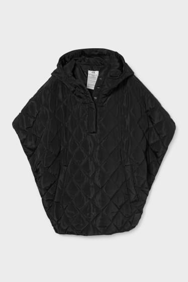 Women - Quilted poncho with hood - black