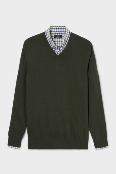 Uomo - Pullover in maglia fine e camicia - regular fit - button down - verde scuro
