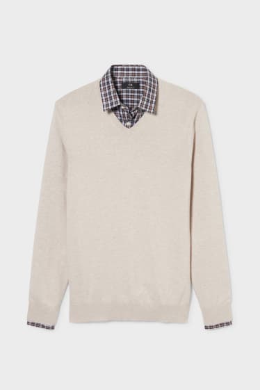 Men - Fine knit jumper and shirt - regular fit - kent collar - beige