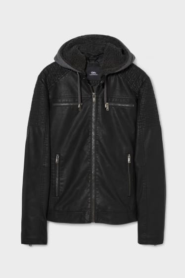 Men - CLOCKHOUSE - biker jacket with hood - faux leather - black