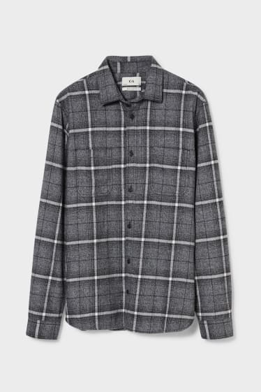 Men - Flannel shirt - regular fit - kent collar - check - dark gray melange