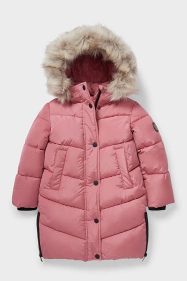 Children - Quilted jacket with hood and faux fur trim - pink