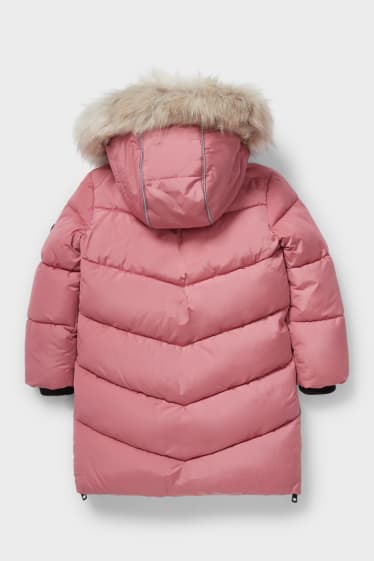 Children - Quilted jacket with hood and faux fur trim - pink