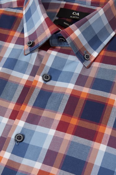 Pánské - Business košile - slim fit - button-down - kostkovaná - modrá