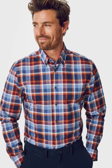 Pánské - Business košile - slim fit - button-down - kostkovaná - modrá