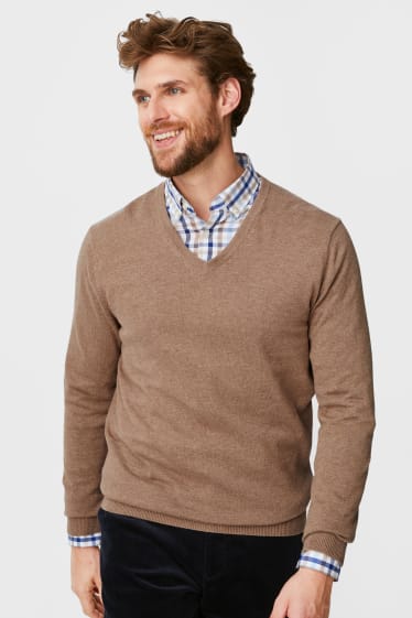 Heren - Fijngebreide trui en overhemd - regular fit - button down - beige