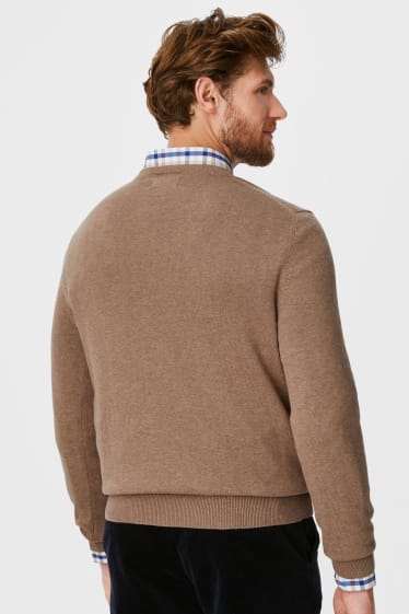 Heren - Fijngebreide trui en overhemd - regular fit - button down - beige