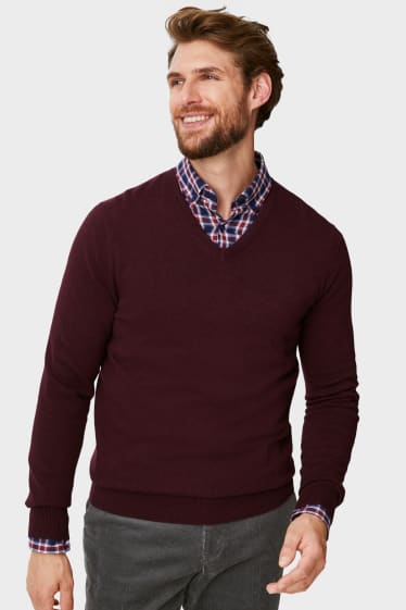 Herren - Feinstrick-Pullover und Hemd - Regular Fit - Button-down - bordeaux