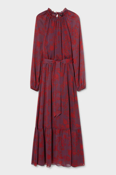 Dámské - Šifónové šaty - 2dílné - s květinovým vzorem - tmavočervená