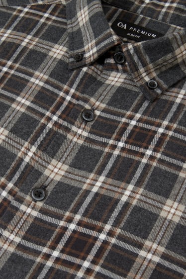 Pánské - Flanelová business košile - slim fit - button-down - kostkovaná - tmavošedá/bílá