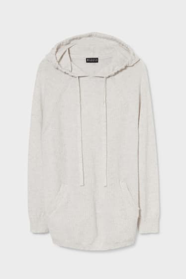 Dámské - Kašmírový svetr s kapucí - bílá-žíhaná