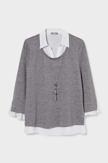 Women - Blouse with necklace - 2-in-1 look - light gray-melange