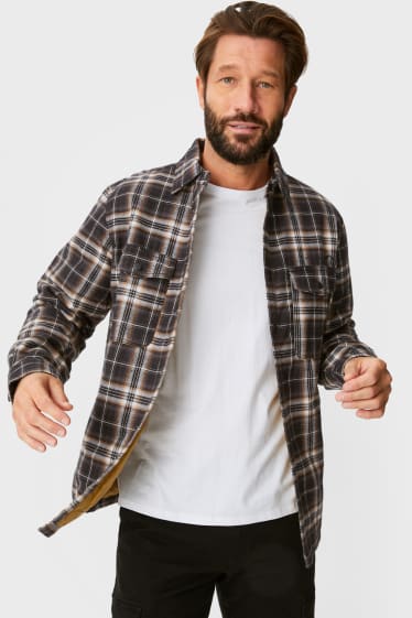Men - Shirt jacket  - check - brown