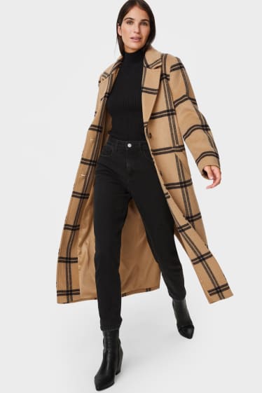 Women - Long coat - check - light brown