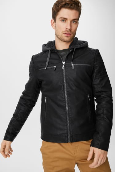 Men - CLOCKHOUSE - biker jacket with hood - faux leather - black