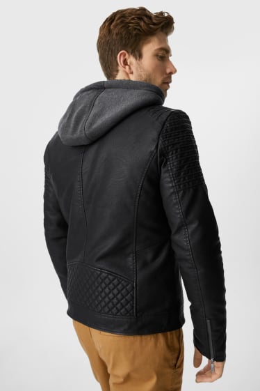 Men - CLOCKHOUSE - biker jacket with hood - faux leather - black