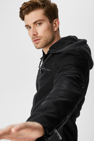 Men - CLOCKHOUSE - biker jacket with hood - faux leather - black