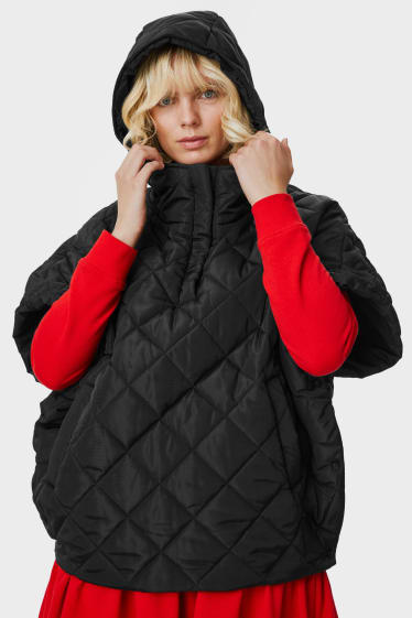 Women - Quilted poncho with hood - black