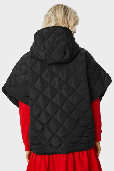 Women - Quilted poncho with hood - black