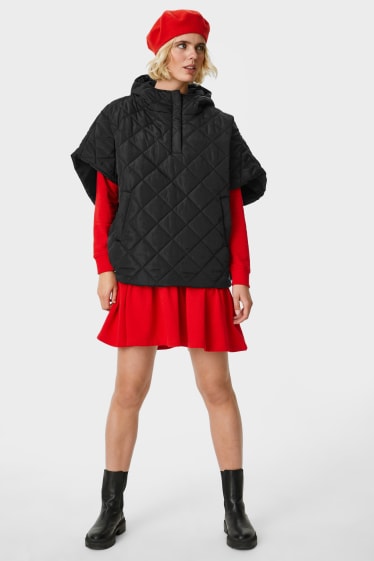 Women - Quilted poncho with hood - black