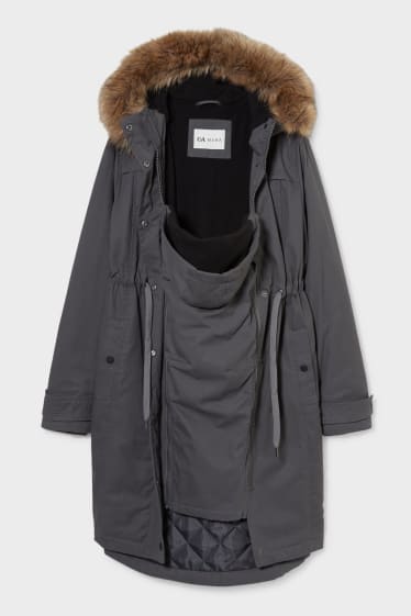 Femmes - Parka de grossesse à capuche, garniture en imitation fourrure et empiècement porte-bébé amovible. - gris foncé