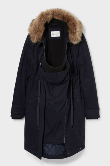 Femmes - Parka de grossesse à capuche, garniture en imitation fourrure et empiècement porte-bébé amovible. - bleu foncé