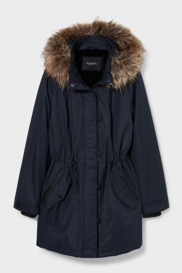 Mujer - Parka con capucha y adorno de pelo sintético - azul oscuro