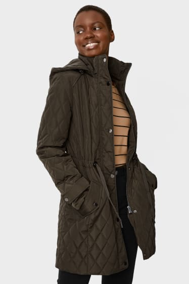 Kobiety - Pikowany płaszcz z kapturem - ciemnozielony