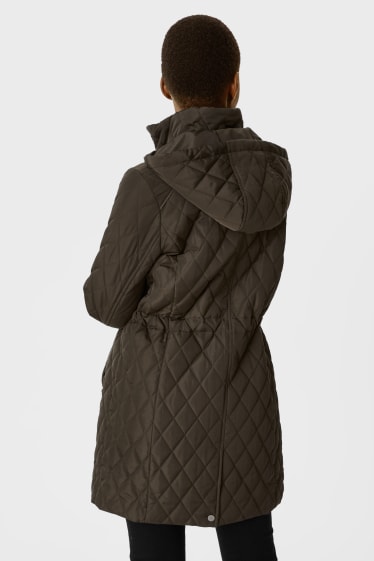 Kobiety - Pikowany płaszcz z kapturem - ciemnozielony
