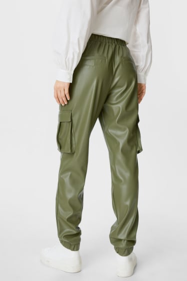 Women - Cargo trousers - faux leather - dark green
