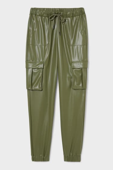 Women - Cargo trousers - faux leather - dark green