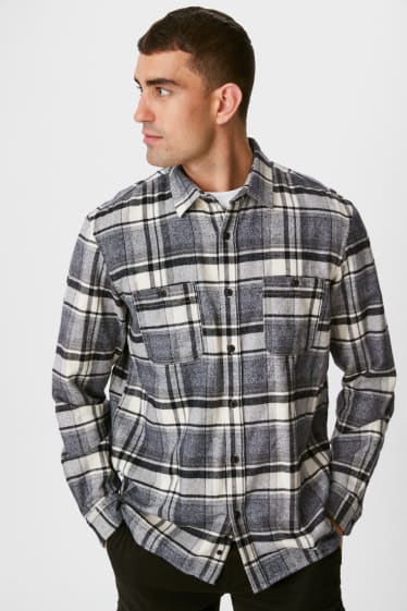 Men - Flannel shirt - regular fit - kent collar - check - gray