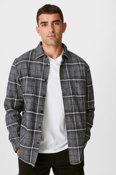 Men - Flannel shirt - regular fit - kent collar - check - dark gray melange