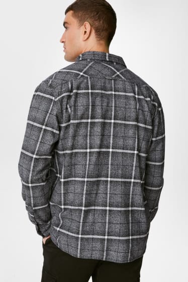 Heren - Flanellen overhemd - regular fit - kent - geruit - donkergrijs-mélange