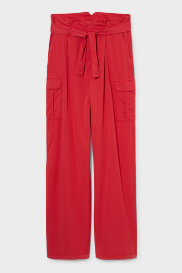 Women - Paper bag trousers - loose fit - red